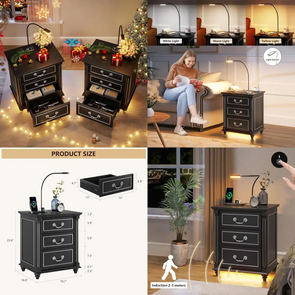 rustic nightstand with hidden gun compartment, 3 storage drawers, led light, and motion sensor charging