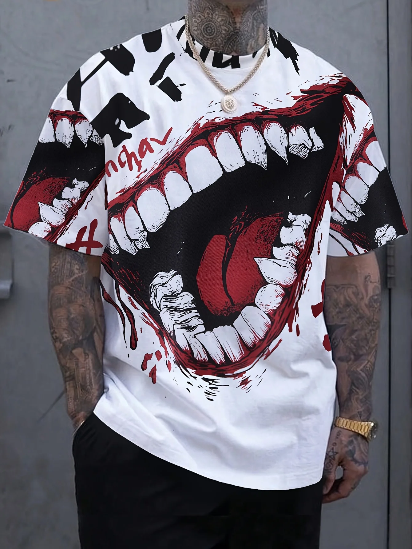 Men White Base Horror Big Mouth Teeth Blood Splash Print T-shirt O-neck Short Sleeve Hip Hop Street Casual Tops