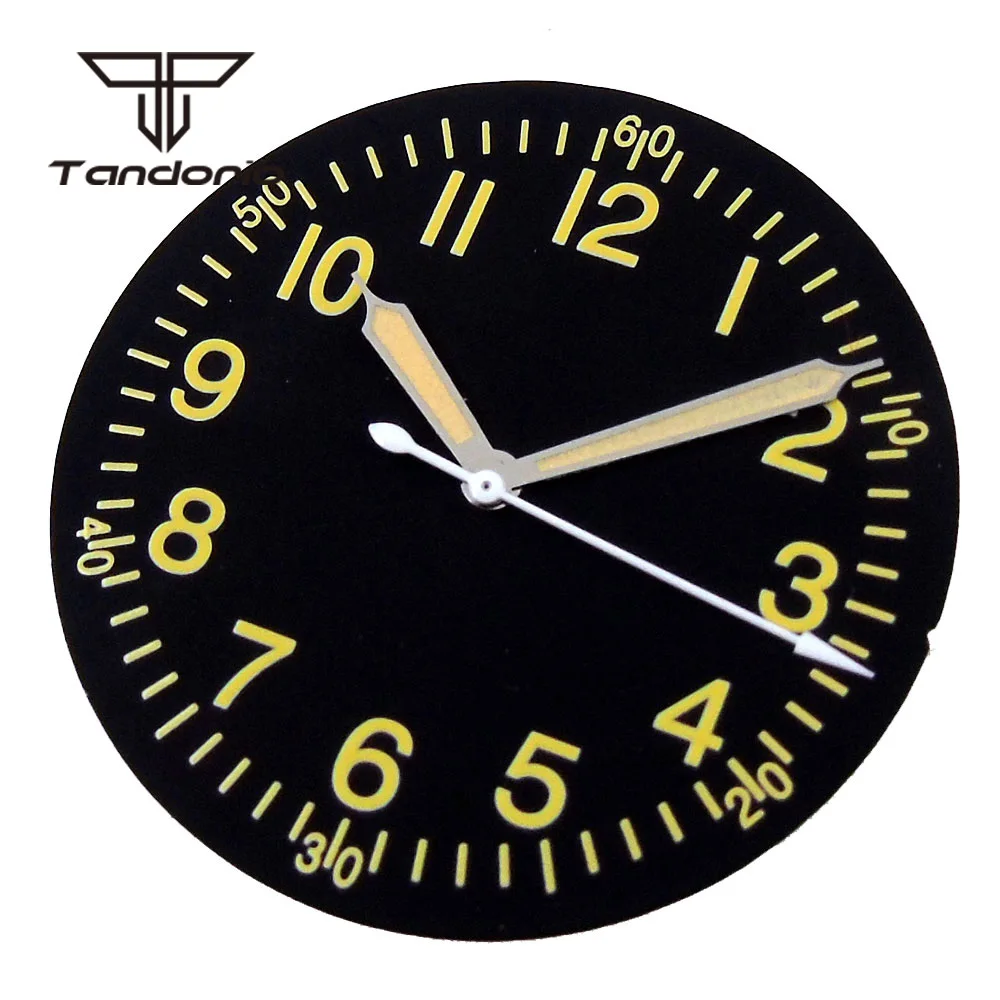 33.5mm Black Watch Dial Face Yellow Marks Hands Set Green Luminous Fit NH35 NH36 ETA2824 PT5000 Miyota8215 Automatic Movement