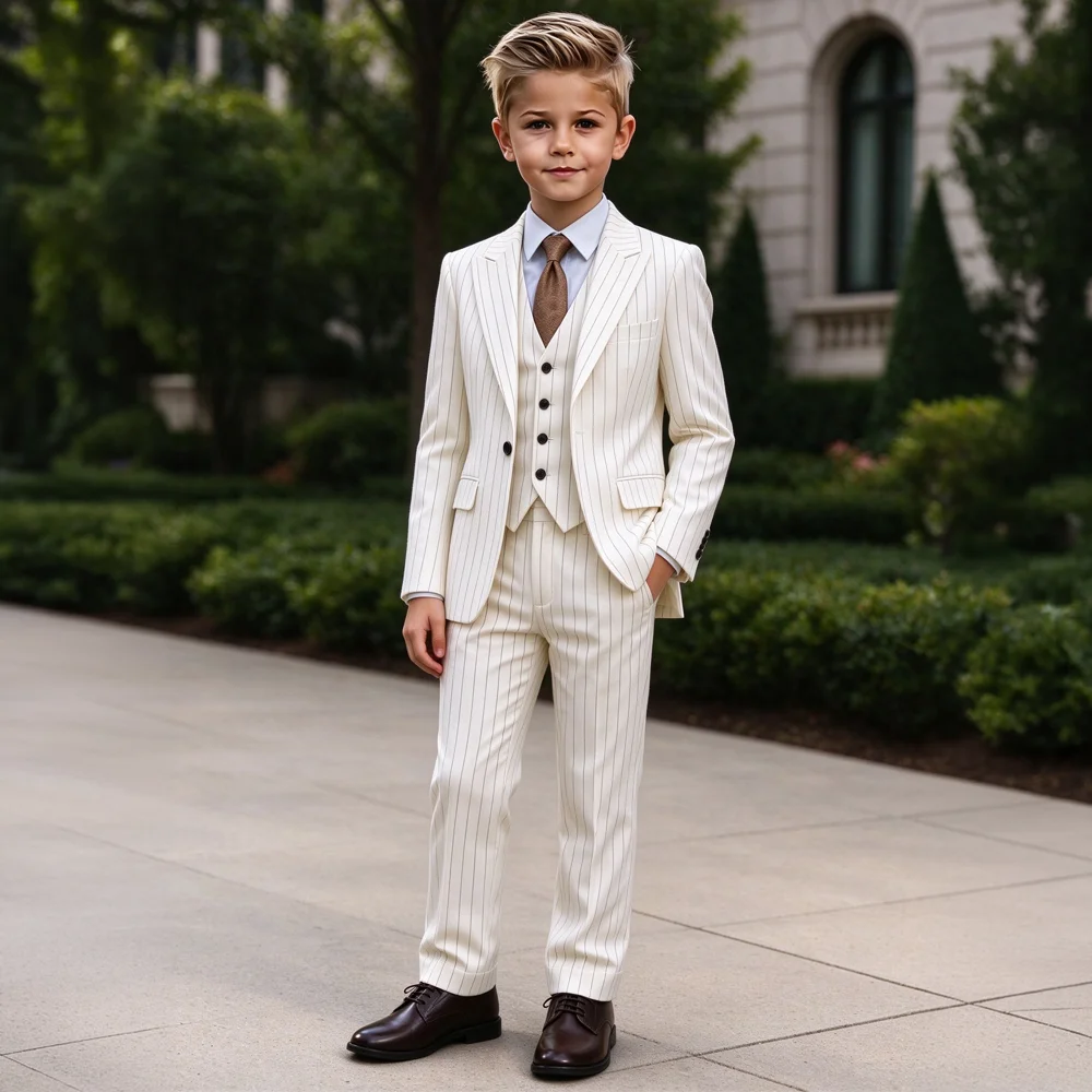 White Striped Boy Suit 3 Piece Chic Peak Lapel One Button Blazer Vest Pants Formal Office Kids Wedding Party Wear