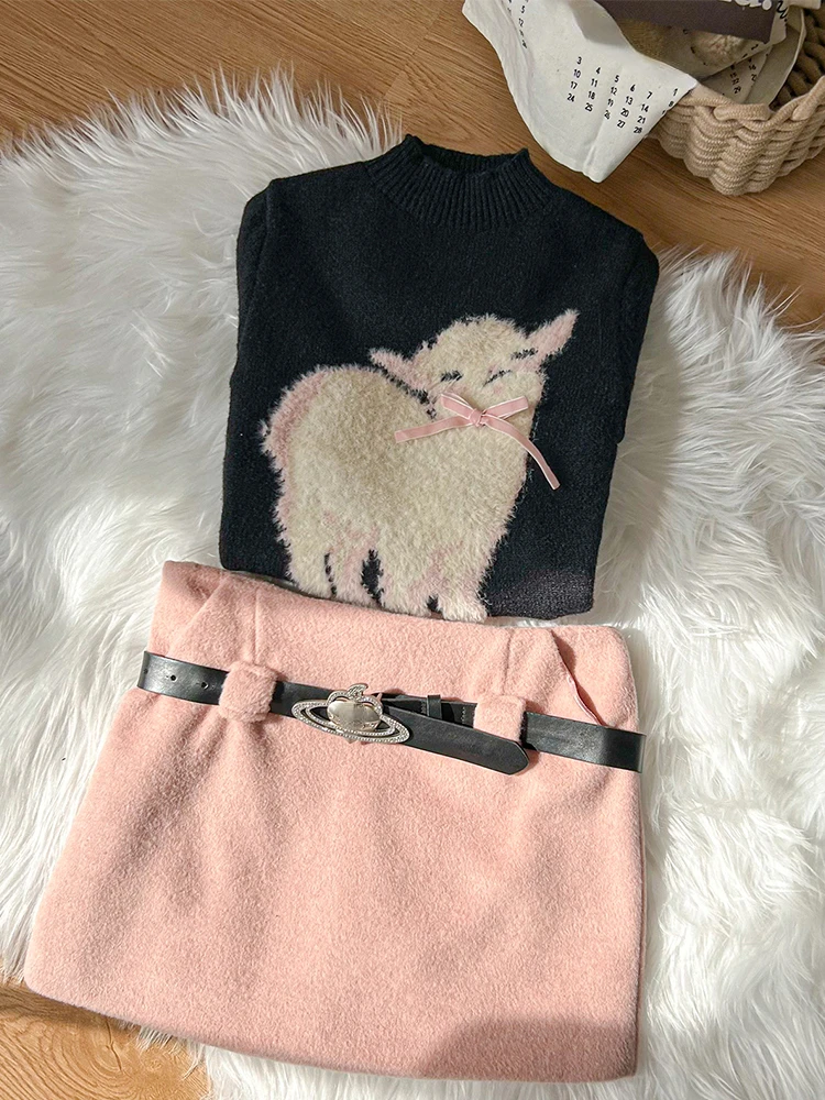 Otoño Invierno mujer lindo núcleo coreano Kawaii Jumper suéter de cuello alto 2000s prendas de punto estéticas Vintage jerseys acogedores