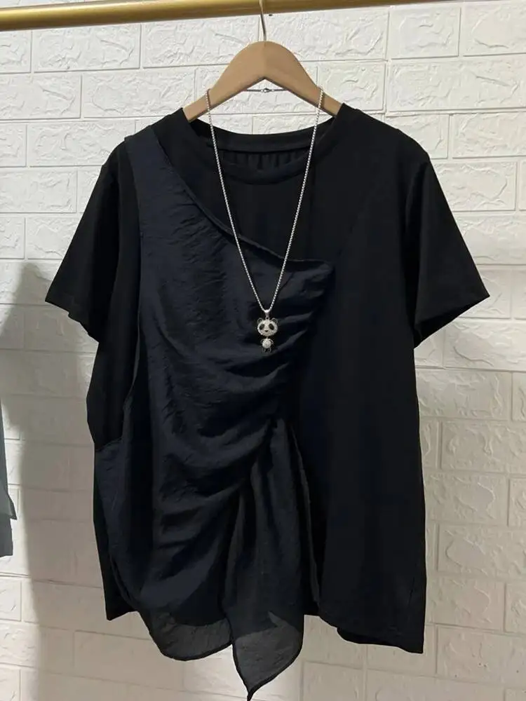 Blue Ruffles Women Irregular Big Size Casual T-shirt New Round Neck Short Sleeve Fashion  Spring Summer 2026 YN29