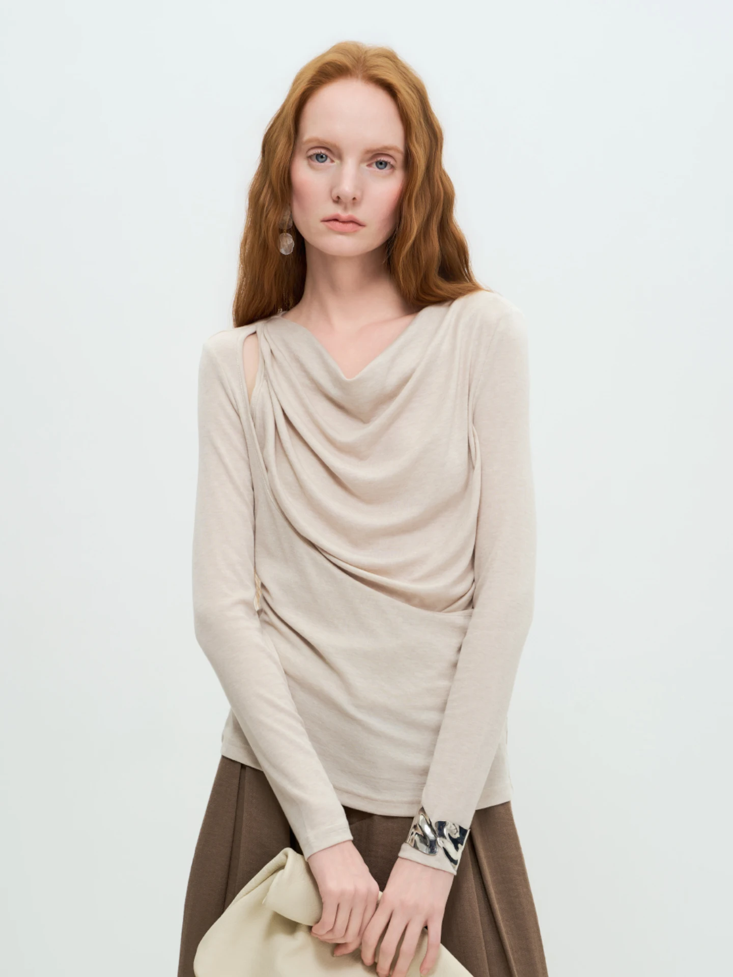 

Limonn Slimming Effectiveness Spring Autumn Wear Lenzing Wool Blend One Shoulder Design Loose Fit Long Sleeve T-Shirt Women