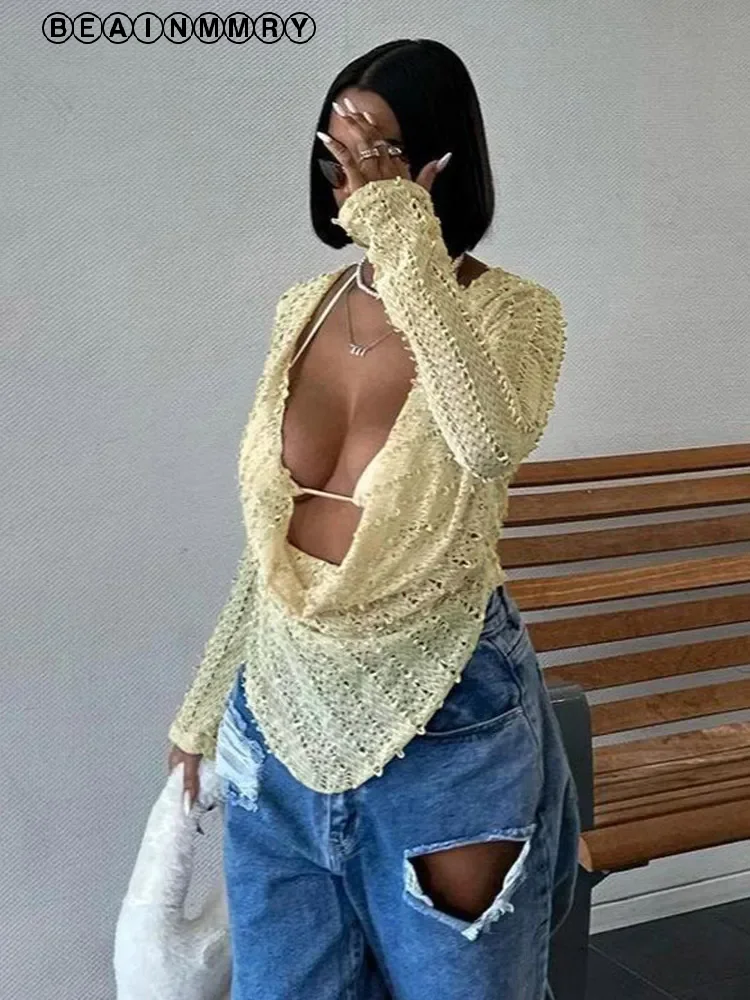 Mode femmes jaune balançoire cou hauts été Chic évider manches longues ourlet incurvé Blouse courte femme nouveau Club Streetwear