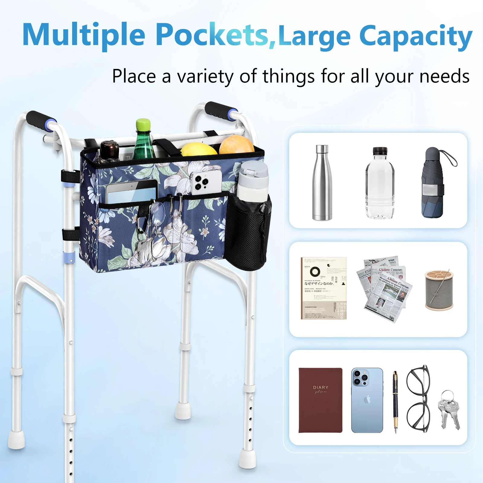 Rhino Valley Walker Bag, Multi Pockets Folding Walker Basket Tote Bag with Cup Holder, Carry Pouch Storage Bag for Elderly