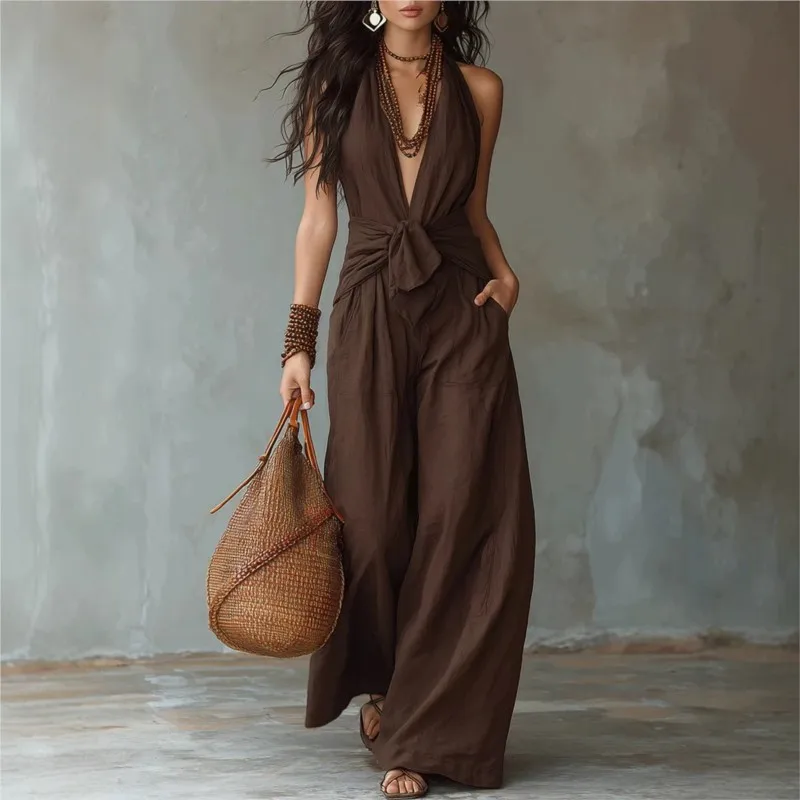 

2026 New Summer Women's One-piece Pants Neck Hanging And Sleeveless Straps Elegant Loose Fashionable Comfortable One-piece Pants