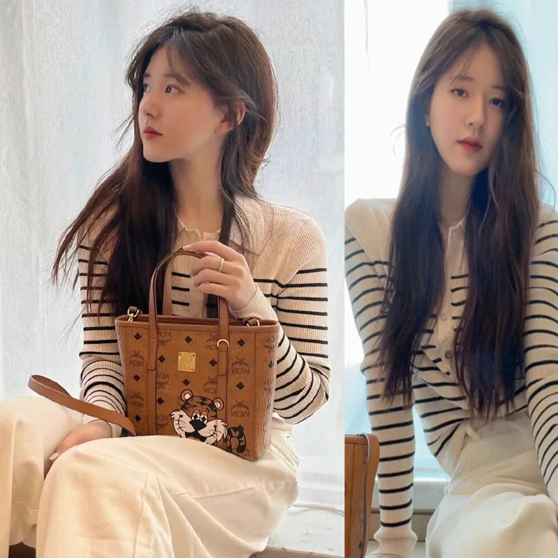 

Women's Neck Knitted Cardigan Long Sleeve Loose Fit Winter Wear Black White Stripes Inner Sweater Casual Commute Style