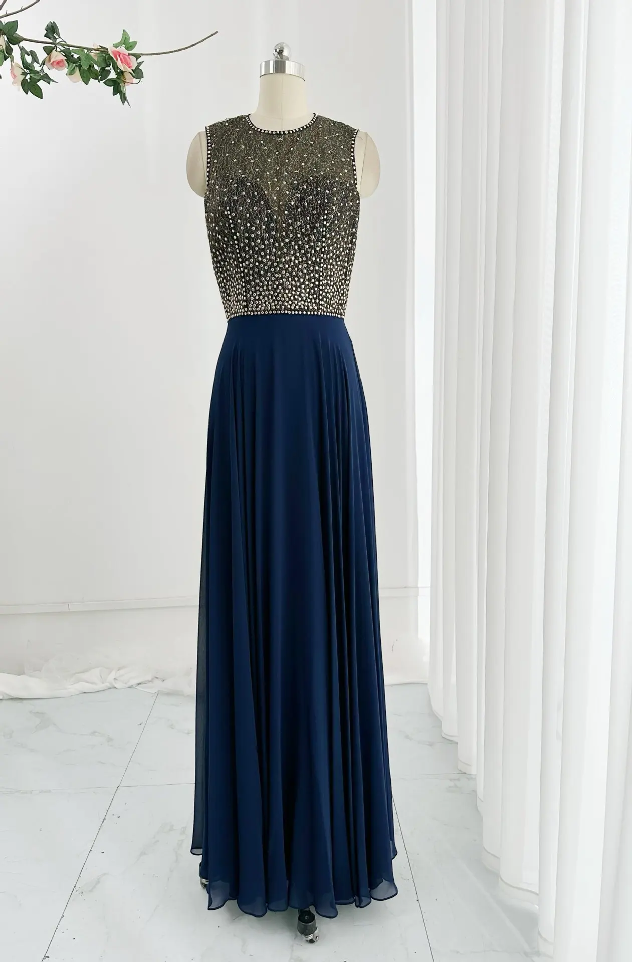 Dark Blue Sexy Sleeveless Diamond Jewelry Sequins Net Gauze Chiffon A Fixes Daily Long Evening Dress Skirt M2218