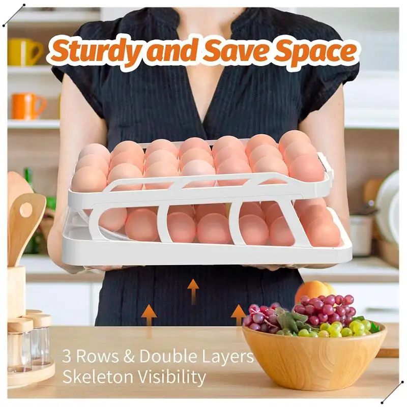 45 Eggs Holder For Fridge, 3 Rows Egg Dispenser,Freshness Ensured With Time Recorder,Space-Saving Rolling Eggs Organizer Durable