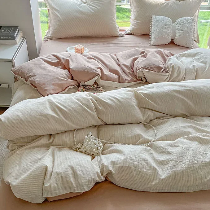 

Fine Stripe Printed Quilt Set 4 Piece Set Washed Cotton Skin Friendly Naked Sleeping Bedding Comfortable Breathable Duvet Cover
