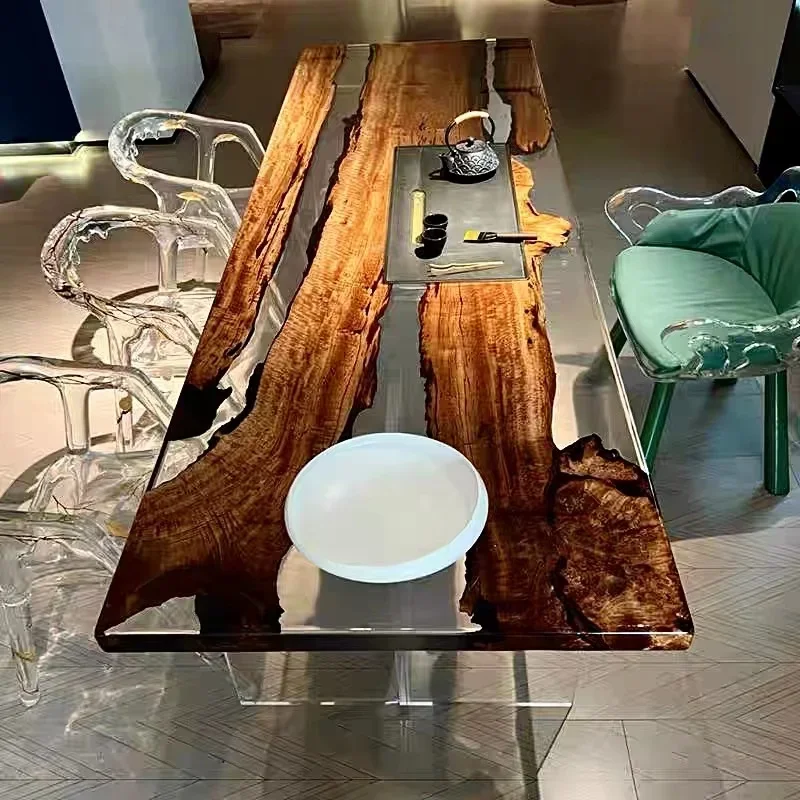 Epoxy resin river table tea black walnut log desk solid wood resin large board crystal  glacier tea table