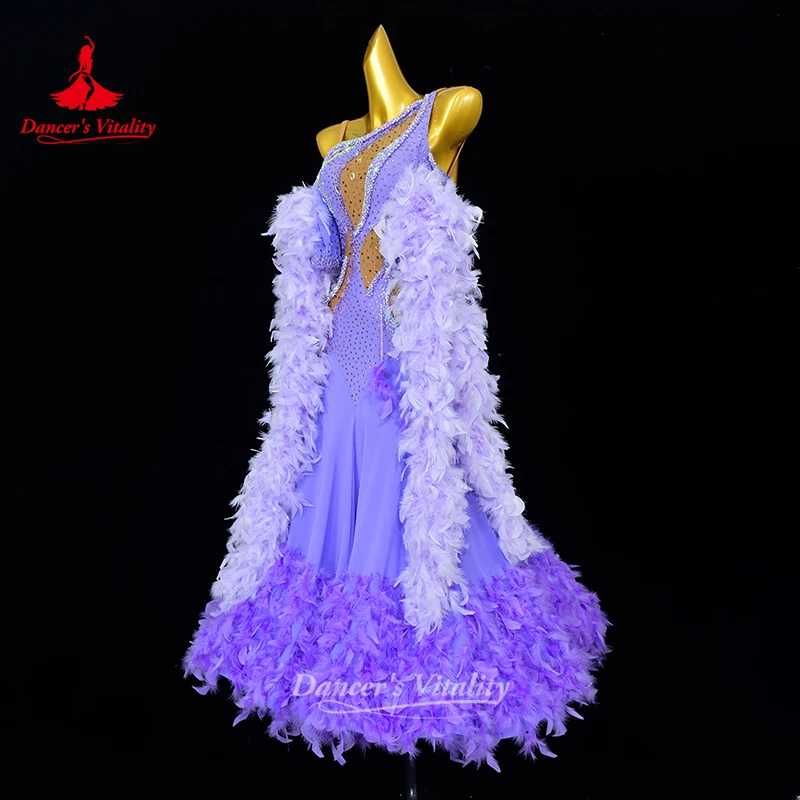 Female Social Dance Feather Graceful Dresses Adult&Teenager Waltz Tango Wrapped Hips Perform Clothes Customize Dancer's Vitality