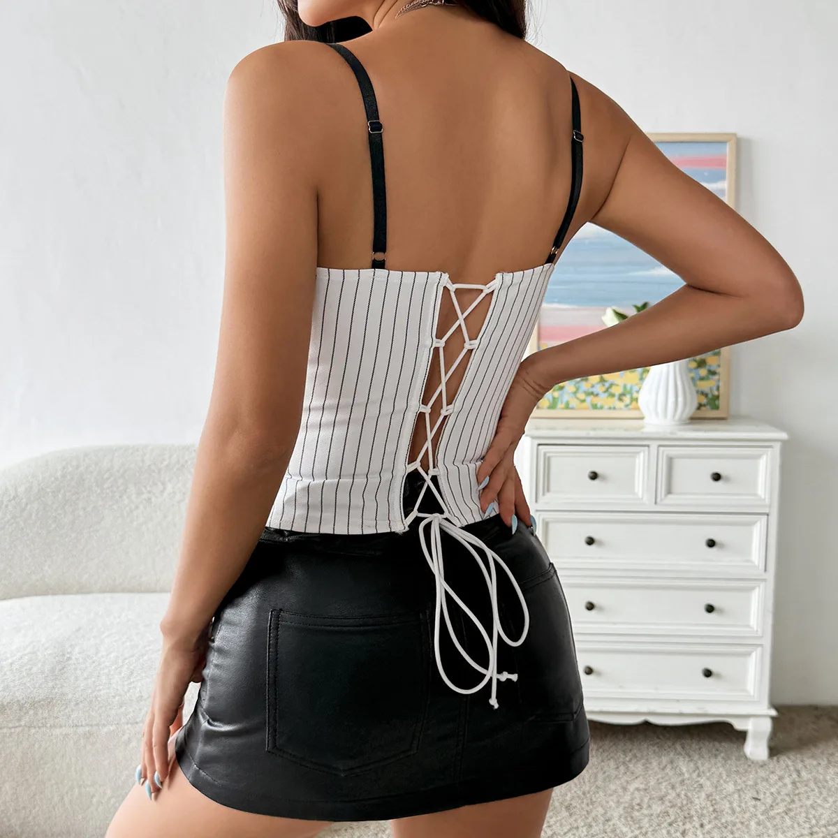 New Fashion Striped Corset Academy Naval Style Tie Bones Camisole Back Drawstring Tank Top European and American Women's Clothes
