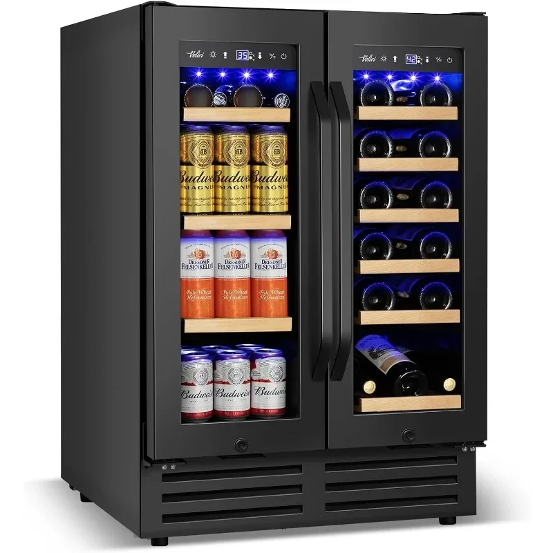 Wine and Beverage Refrigerator Black, 24 Inch Beverage Cooler Under Counter Dual Zone with Glass Door&Lock, 18 Bottles