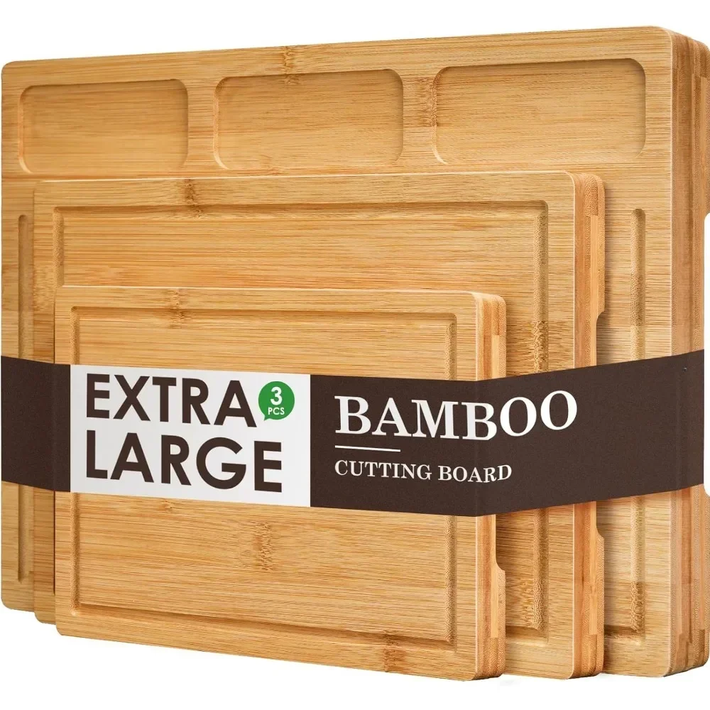 

K Bamboo Cutting Boards for Kitchen, (Set of 3) Kitchen Chopping Board with 3 Built-In Compartments and Juice Groove Heavy