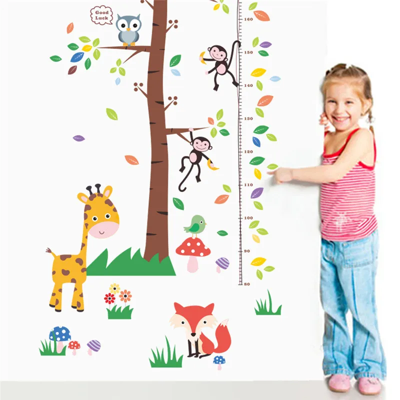 Cute Monkey giraffa Owl Growth Chart bambini altezza misura Wall Art Sticker per bambini Room Decor animali fai da te decalcomania Poster in Pvc