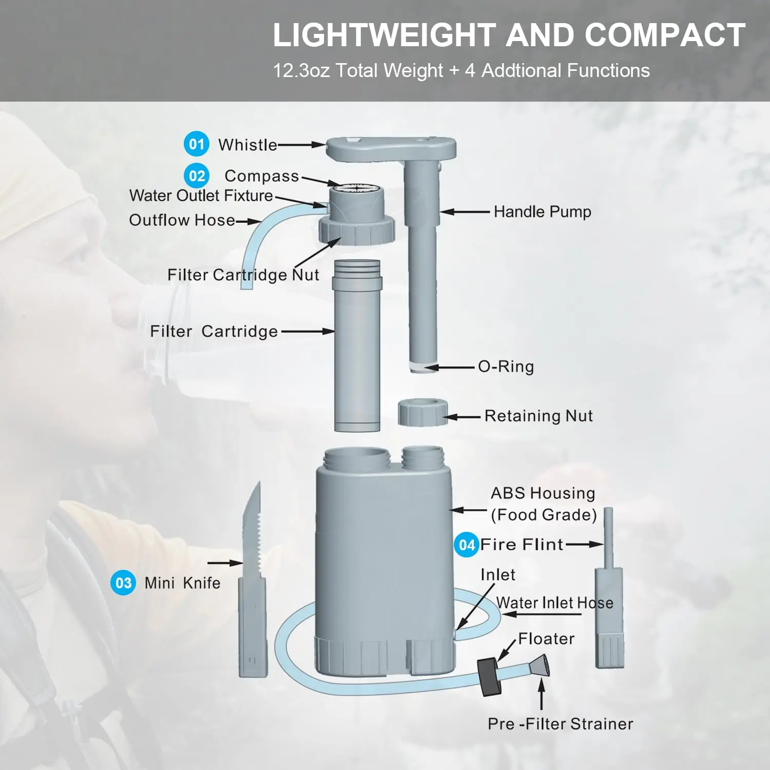 منقي مياه محمول بالضغط اليدوي في الهواء الطلق، مياه شرب مفلترة مباشرة للمغامرة الخارجية الشخصية