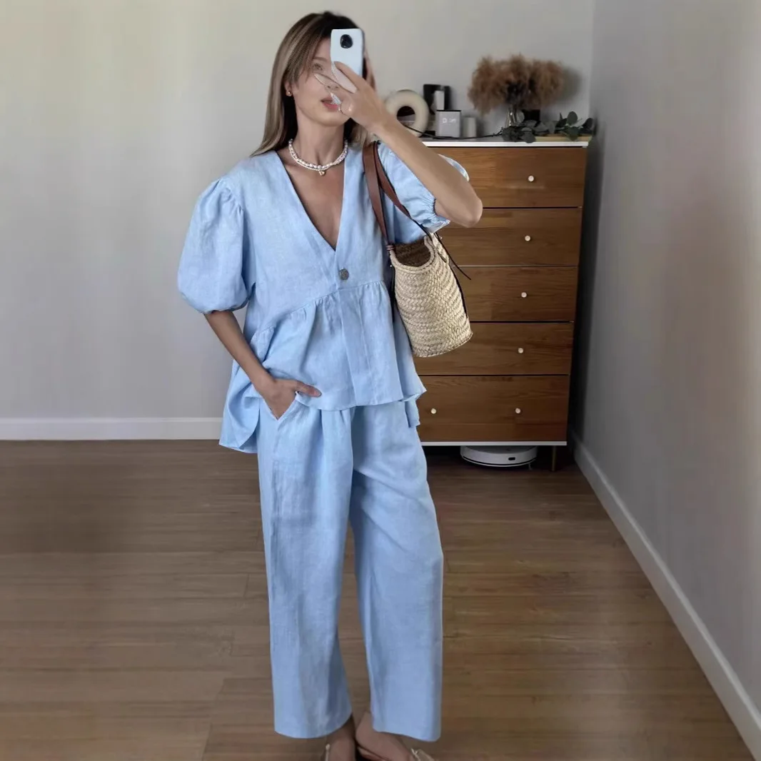 

2025 French Sweet Style Solid Color V Neck Puff Sleeve Top and Tie Waist Long Pants Two Piece Set for Women Elegant Outfit
