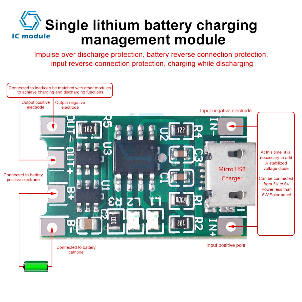 Lithium Battery 18650 Solar Charging Module 4.2V3.7V3.6V Polymer Charger  Protection Micro USB Lithium Battery Charging Board