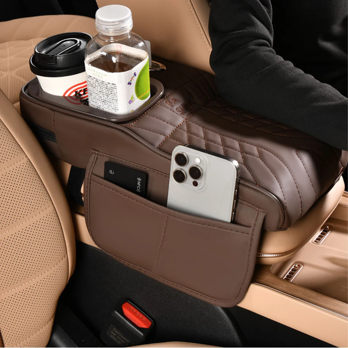 Multifunctional Car Armrest Cushion, Center Console Cover with Tissue Holder, Cup Slot and Side Pockets