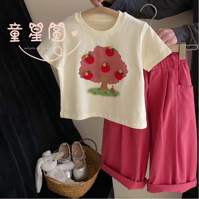 

Cartoon Children's Clothing2024New Western Style Three-Dimensional Crocheted CartoonTShirt Top All-Match Wide Leg Pants Suit