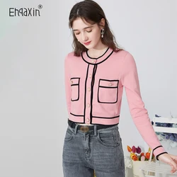 EHQAXIN 2023 Fall Ladies Knitwear Fashion New Contrast Color Cardigan Short Sweater Tops Women's Small Fragrance Style S-3XL