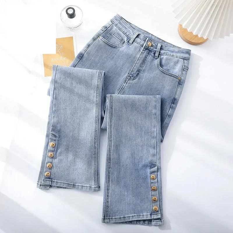 

Elastic Jeans Women's Spring Autumn 2024 New Ladies Slim High waisted Flared Pants Female Denim Split cut Casual Trousers