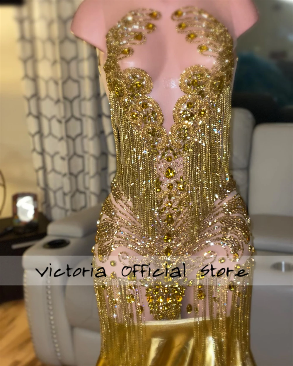 Deslumbrante ouro aniversário vestidos de baile preto meninas frisado strass borlas sereia sem costas cocktail vestidos de festa personalizado