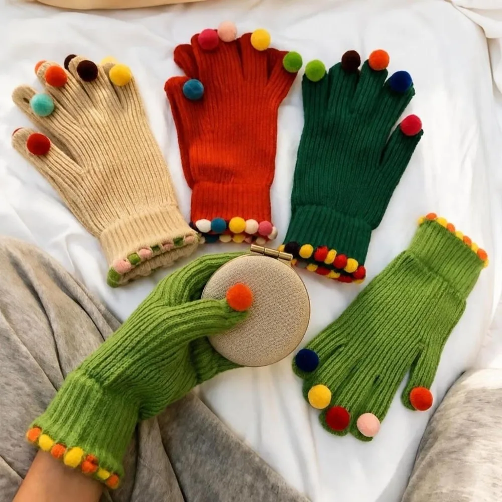 Warm Candy Pom Pom Knit Gloves Cycling Candy Color Winter Cold Proof Knitted Gloves Knitted Thermal