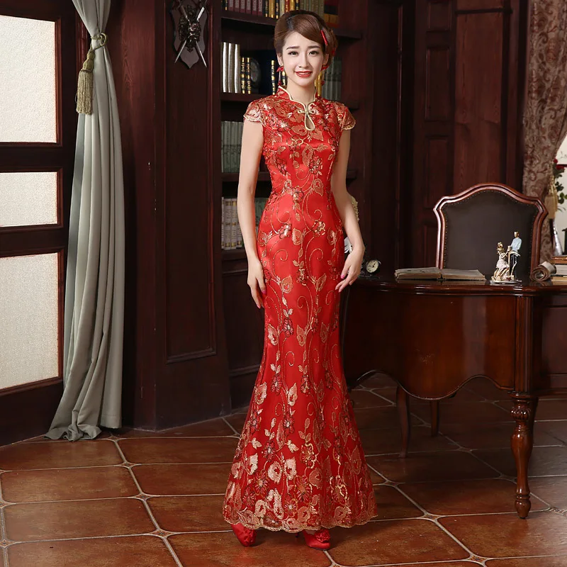 chinese new year women clothes embroidery long dress red chinese mermaid tail wedding party lace cheongsam qipao plus Size hanfu