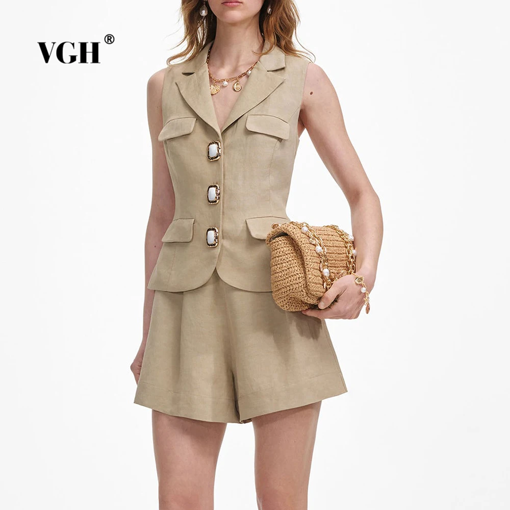 

VGH Solid Sliming Temperament Two Piece Sets For Women Lapel Sleeveless Spliced Button Top High Waist Shorts Chic Set Female New