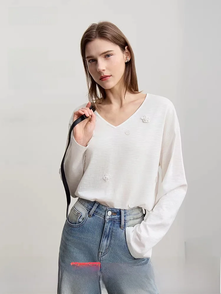 

Новая весенняя женская футболка из хлопка и бамбукового вискозного волокна с V-образным вырезом, декорированная бусинами и цветами, свободного кроя, с длинным рукавом, в простом повседневном стиле