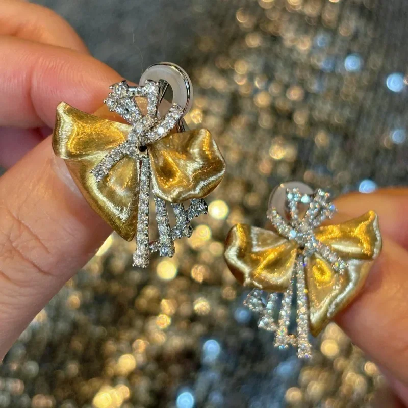 Classic irregular wire drawing bowknot earrings exquisite wedding light luxury earrings for women copper inlaid zircon jewelry