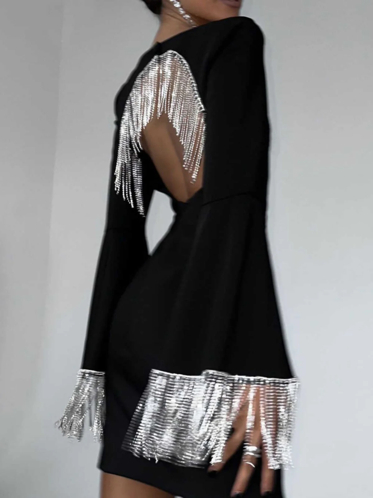 Ele Bla Evening Dr pour femme avec frange et chaîne en diamant Bell Sve Design Sexy ajouré taille haute Polyester S...