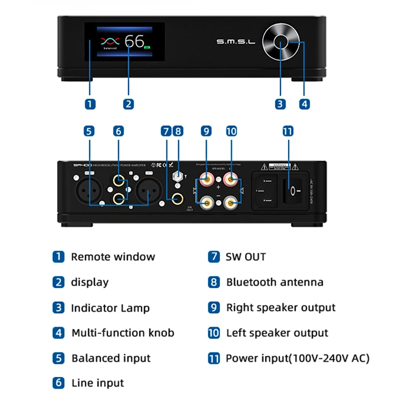 SMSL SA400 High Resolution Power Amplifier 230W NJW1195 BASS Preamp Output Bluetooth5.0 2x Digital Power Amp with Remote Control