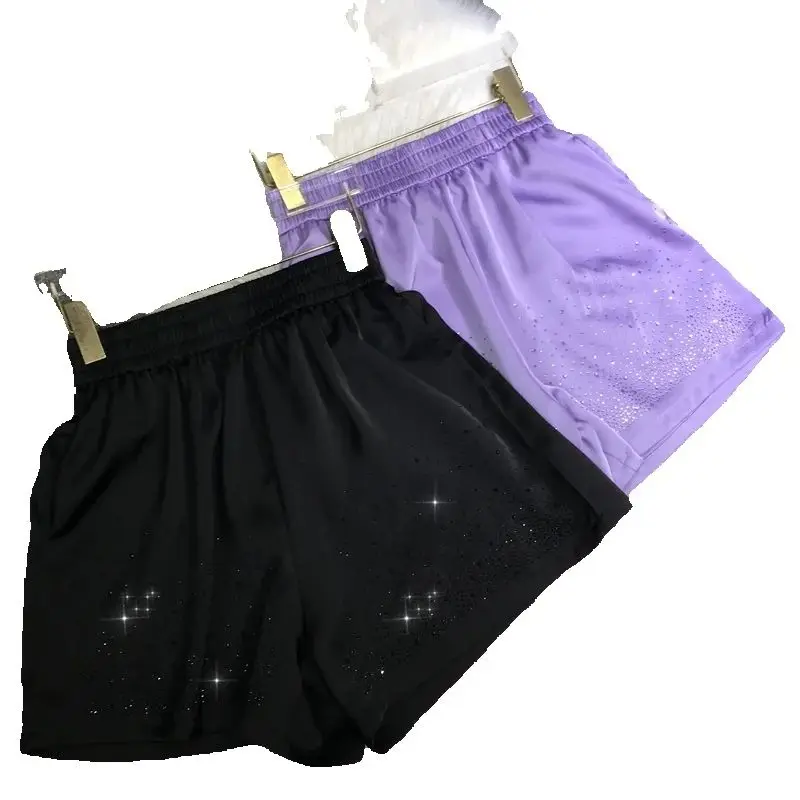 

Full Diamonds Hot Drilling Casual Shorts Women 2025 New Summer Solid Color Elastic Waist Wide Leg Pants All-match A-line Shorts