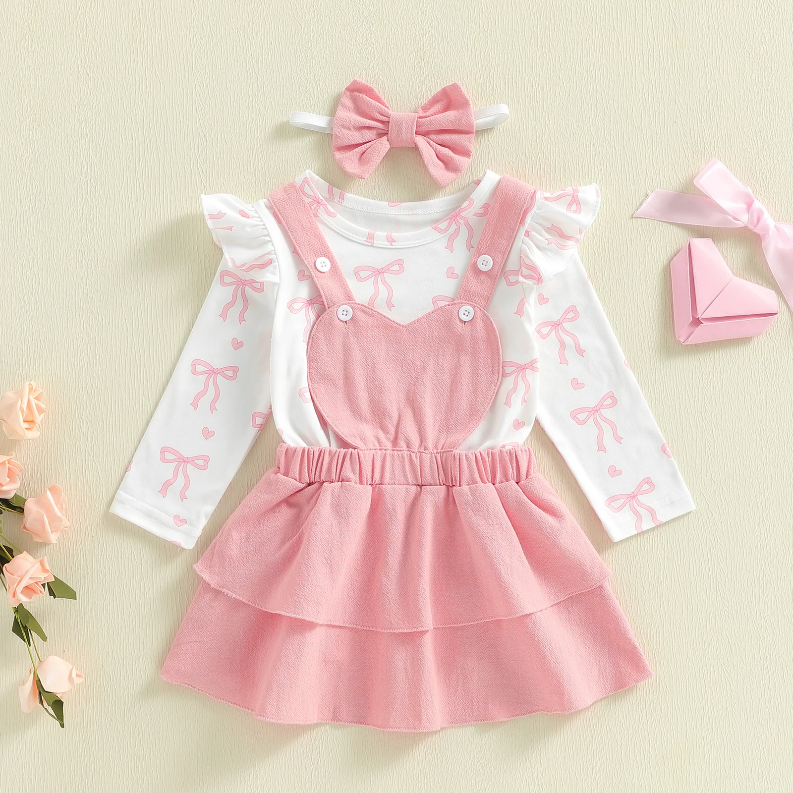 

Tregren, наряд на День Святого Валентина для маленьких девочек 0-18 месяцев, милый комбинезон с длинными рукавами и бантом в виде сердца, платье и повязка на голову, комплекты из 3 предметов