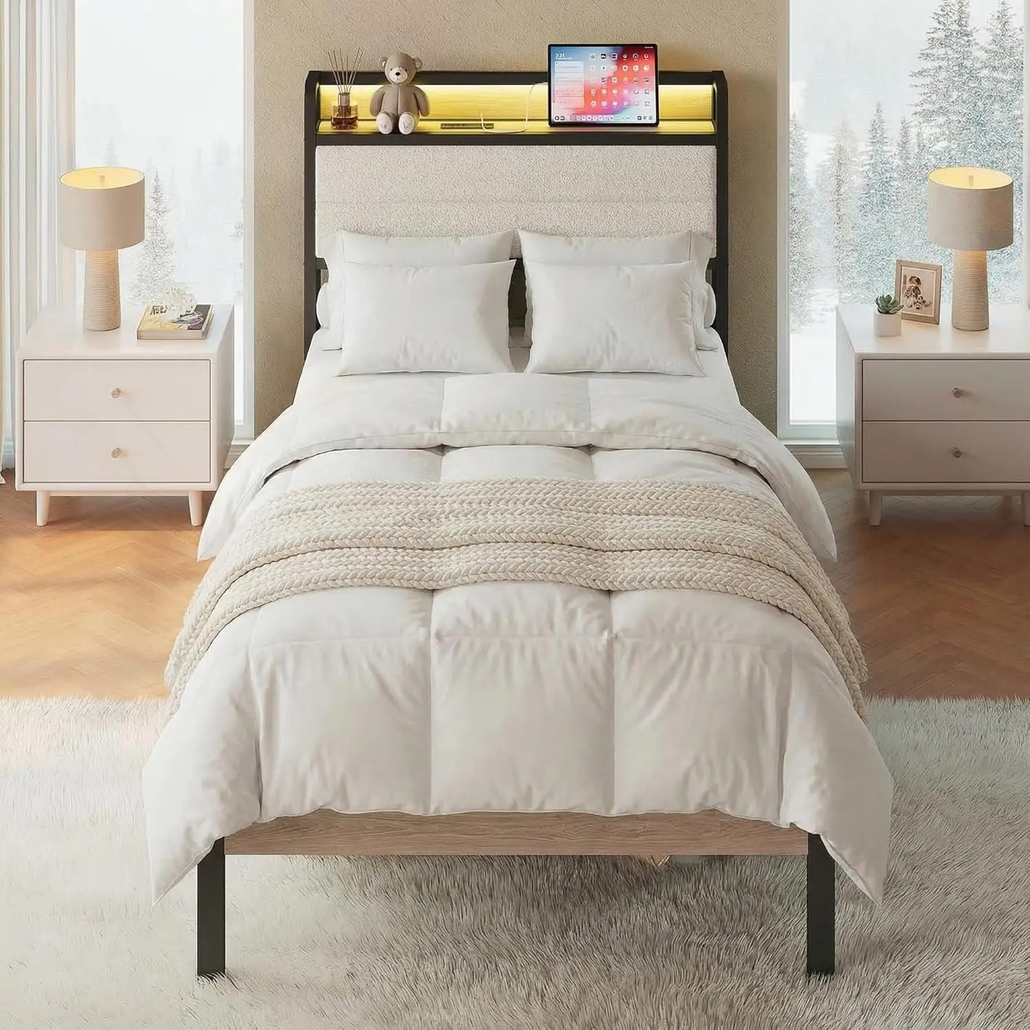 

Twin XL Bed Frame With Storage Headboard And LED Lights, Metal Platform Bed With Charging Station, Noise Free, No, Customized
