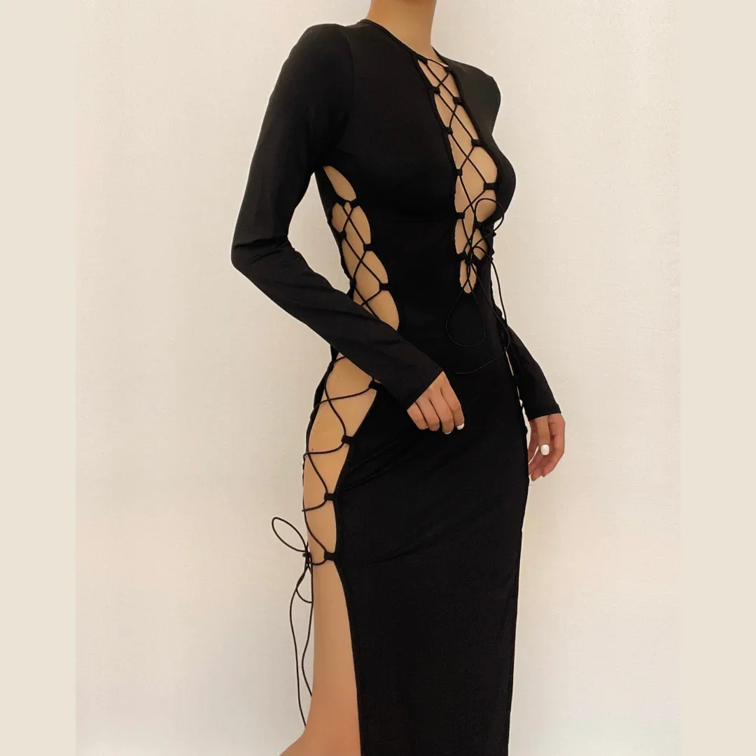 Mirlande New Women Fashion Solid Color Round Neck Long Sleeve Dress Cross Tie-Up Cutout High Split Party Maxi Dress Streetwear