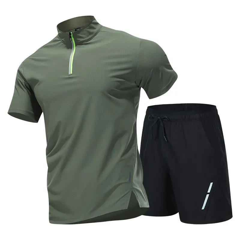 

Men's Quick Dry Sports 2-Piece Set, Half Zip Stand Collar T-Shirt & Drawstring Shorts, Breathable Cooling Summer Workout Outfit
