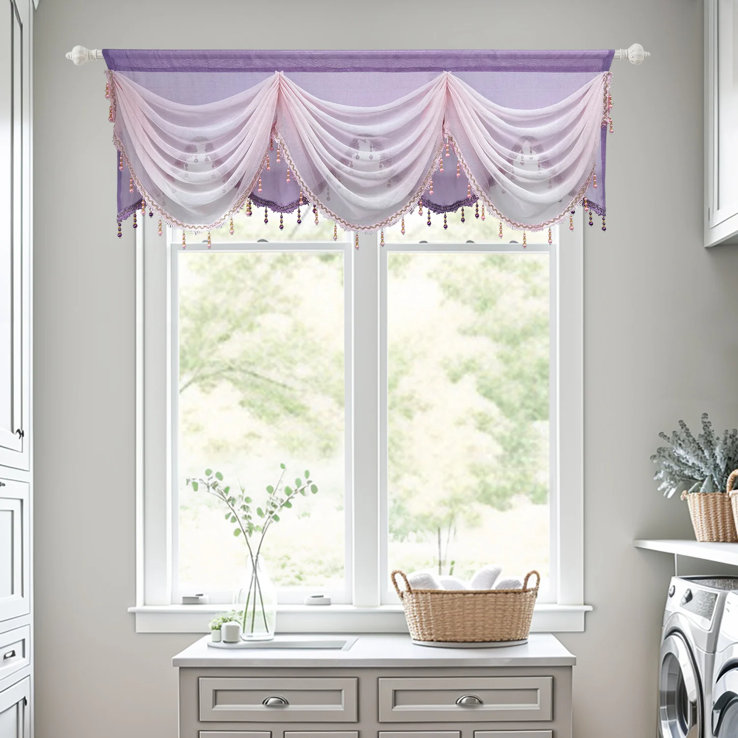 Pink Purple Ripple Valance for Living Room Curtain Head Swags With Bottom Beads Design Window Decor Wedding #E