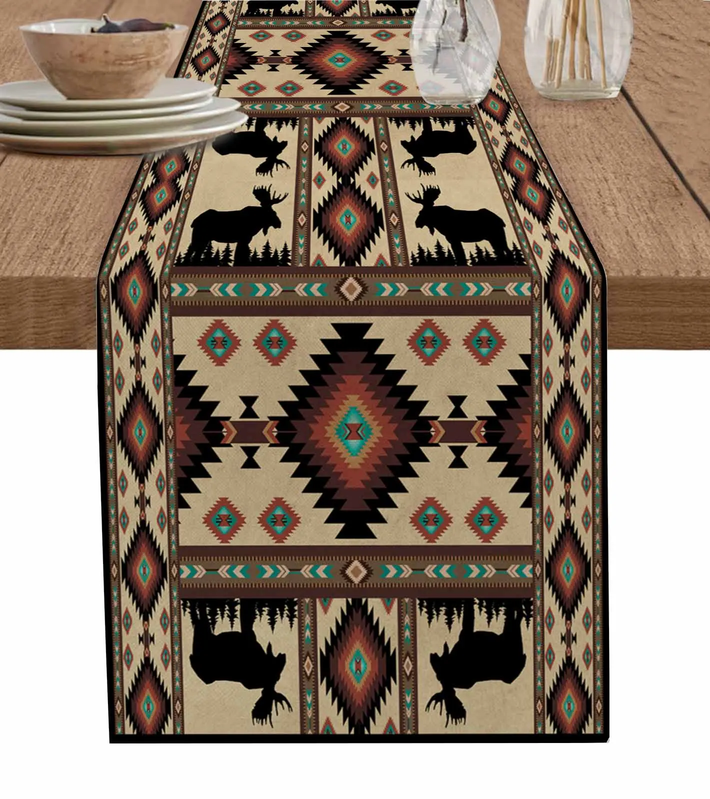 Autumn Forest Bear Deer Bohemian Geometric Retro Table Runners for Dining Room Home Tablecloth 4/6 Pcs Placemats Table Cover