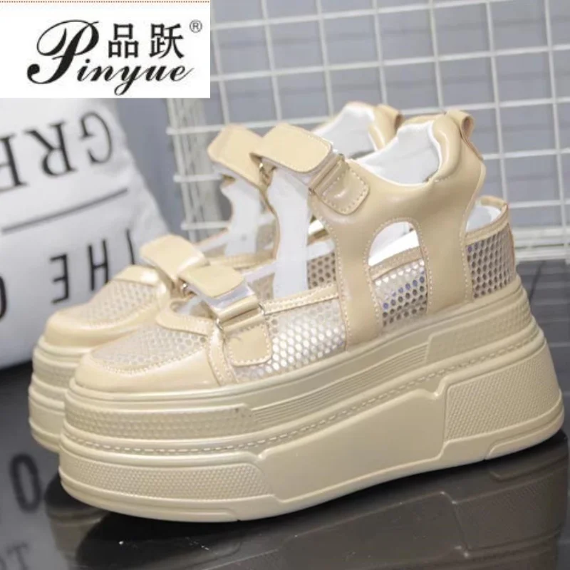 

10CM 12CM Genuine Leather Pumps Platform Wedge Hook Summer Hollow Sandals Flats Women Platform Wedge Slippers Fashion Shoes