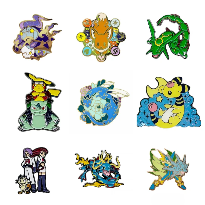 Lindo Anime Pokemon Pins broche de Metal Lampent Ampharos Clefairy Eeveelution Rockman accesorio de moda para sombreros mochilas regalo