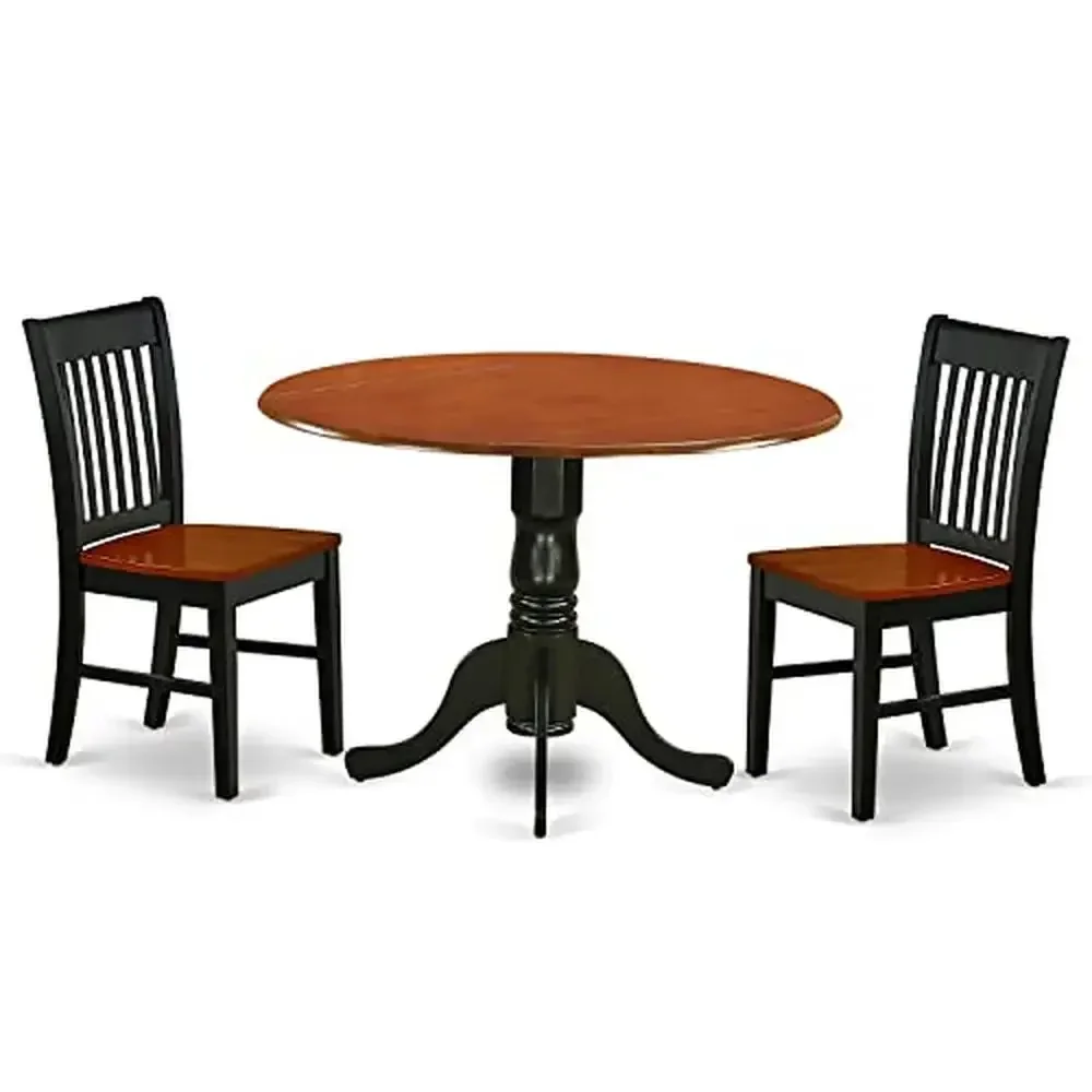 Modern Round Dining Table Set with 2 Wooden Chairs Black Cherry Finish Asian Rubberwood Construction Comfortable Seating Compact