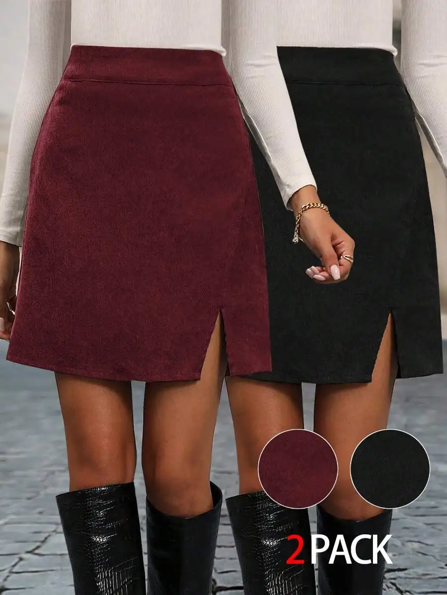 

2-Pack Women's Corduroy Skirt Set with Front Slit - Burgundy & Black