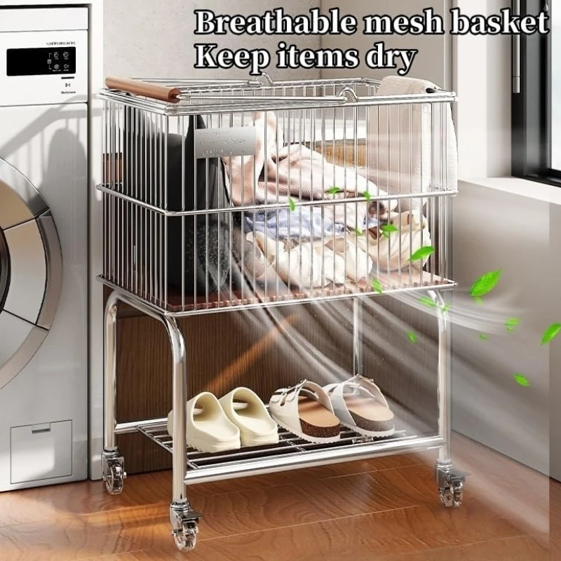 

Rolling Laundry Cart with Wheels, Metal Laundry Basket with 360° Casters & Brakes, Freestanding Storage Organizer for Clothes