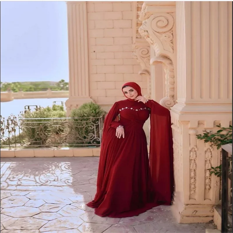 

Элегантное арабское вечернее платье с круглым вырезом из шифона с длинными рукавами, трапециевидное платье для выпускного вечера, мусульманское свадебное платье по индивидуальному заказу, Русалка