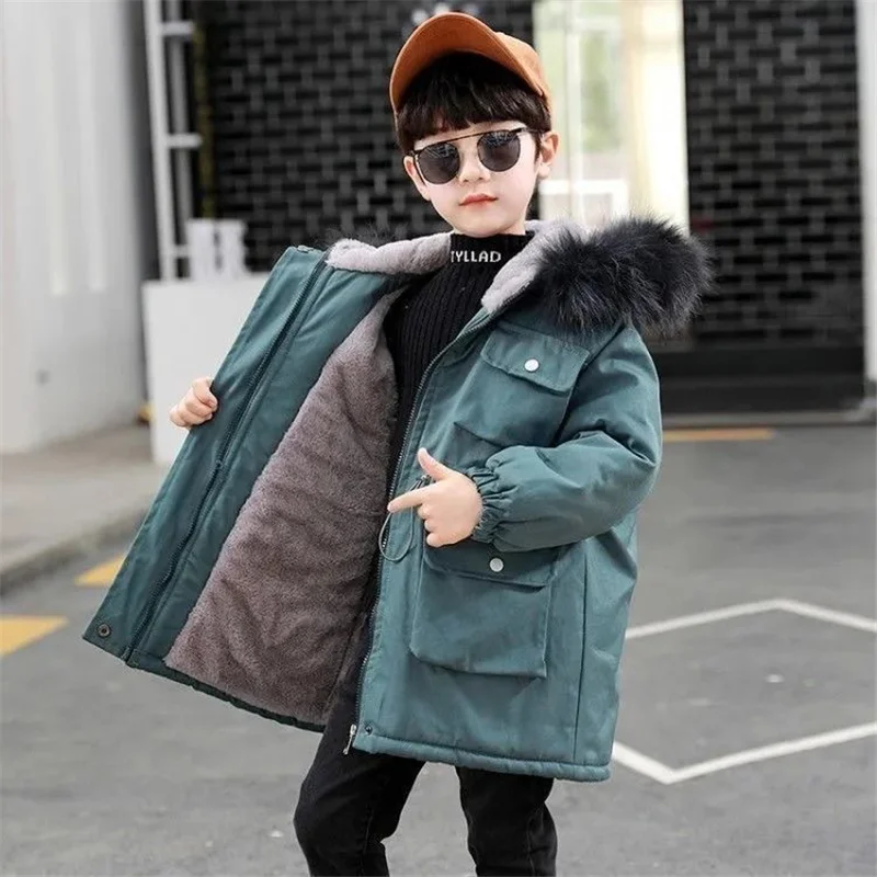 -30℃ Winter Boys Long Cotton Clothes Jackets Big Children Thick Velvet Warm Parka Coats Kids Snowsuit Outerwear 5-12Y