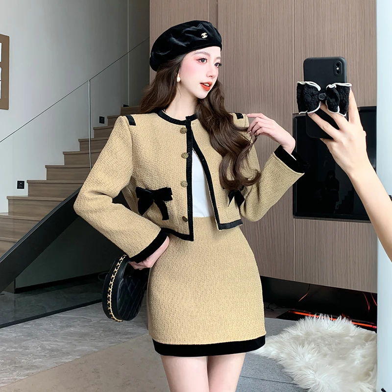 Insozkdg Fashion Elegant Two Piece Sets Small Fragrance Bow Jacket Cropped Coat + High Waist Mini Skirts Suits Womens Outfits